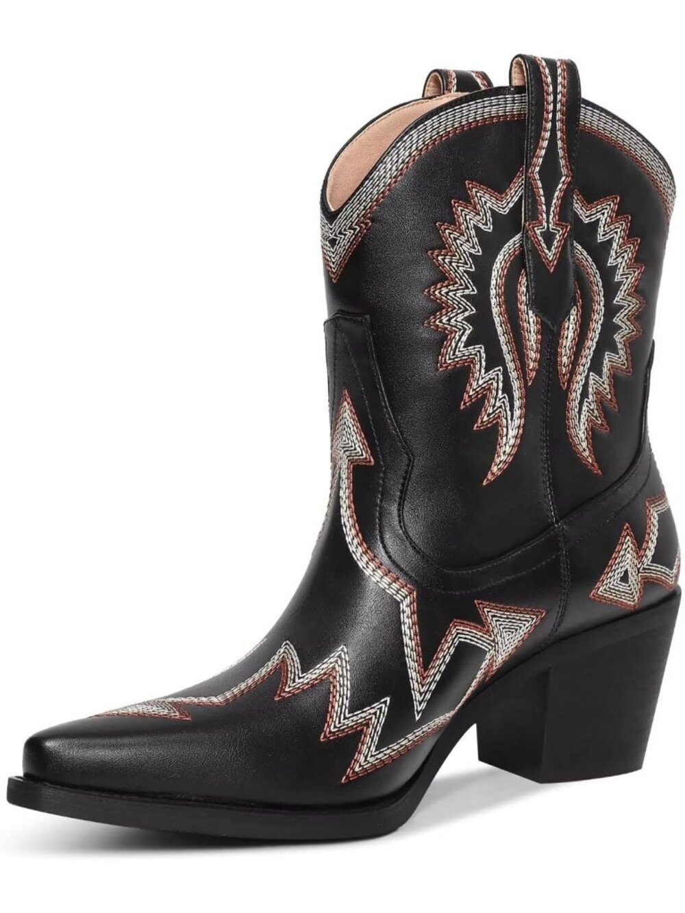 Women's Black Western Ankle Cowgirl Boots Chunky Pointed Toe Wide Calf Boots